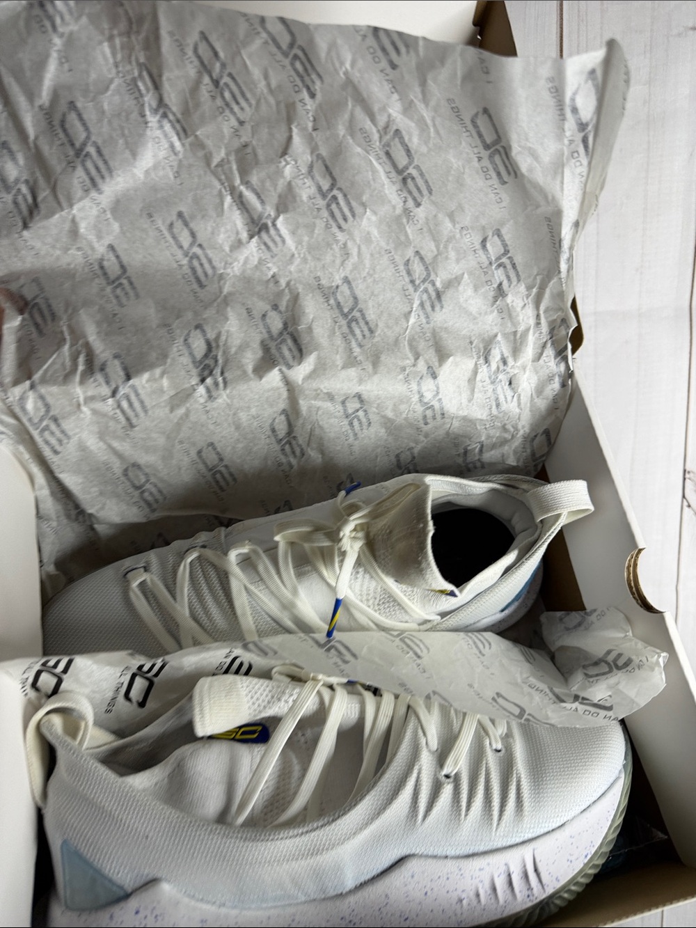 Collectable Under Armour Curry 5 Men's White Sneakers with Light Blue Accents